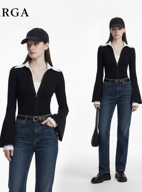 GARGA撞色V领喇叭袖假两件针织衫女2026春装新款通勤风设计感上衣