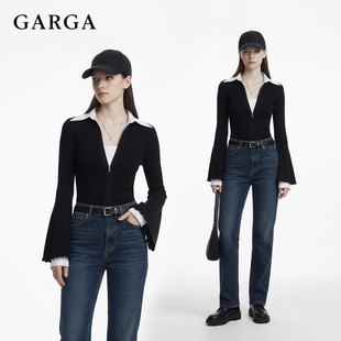 新款 女2026春装 通勤风设计感上衣 假两件针织衫 GARGA撞色V领喇叭袖