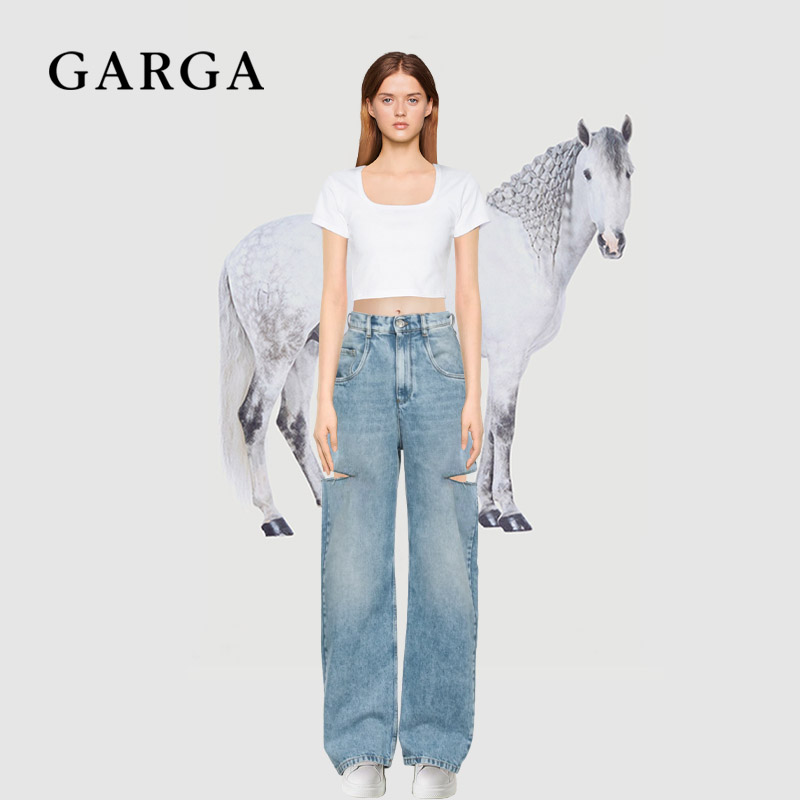 高腰宽松蓝色刀割破洞直筒牛仔裤