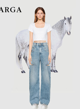 王心凌同款蓝色刀割破洞直筒牛仔裤女夏季高腰宽松显瘦阔腿长裤子