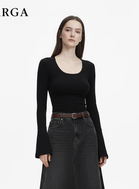 GARGA黑色U领长袖T恤女2026春装新款修身百搭打底纯棉极简风上衣