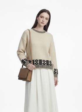 GARGA费尔岛菱格圆领毛衣女秋冬季套头复古慵懒风加厚宽松针织衫