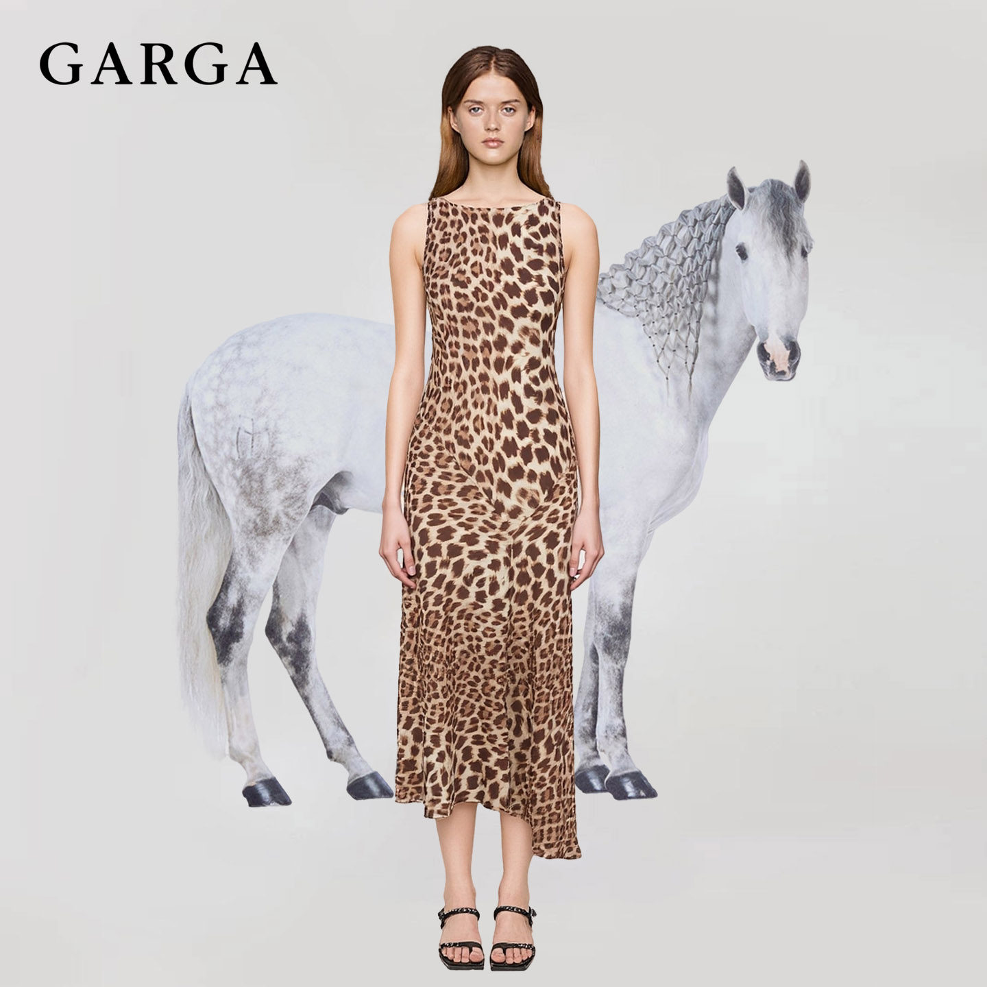 GARGA法式复古豹纹船领背心无袖连衣裙女性感收腰斜裁度假长裙子