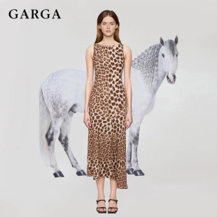 GARGA法式 连衣裙女性感收腰斜裁度假长裙子 复古豹纹船领背心无袖