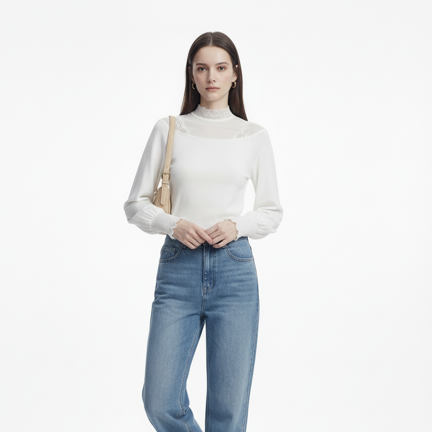 白色半高领蕾丝网纱长袖t恤女春