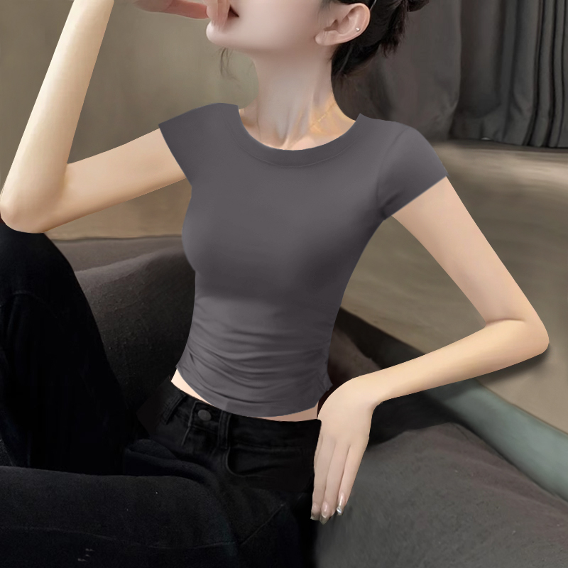 短袖通勤薄款修身高腰抽褶女