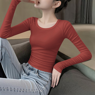 2025新款秋冬圆领正肩长袖打底衫女橘红色纯棉内搭起梗修身上衣服