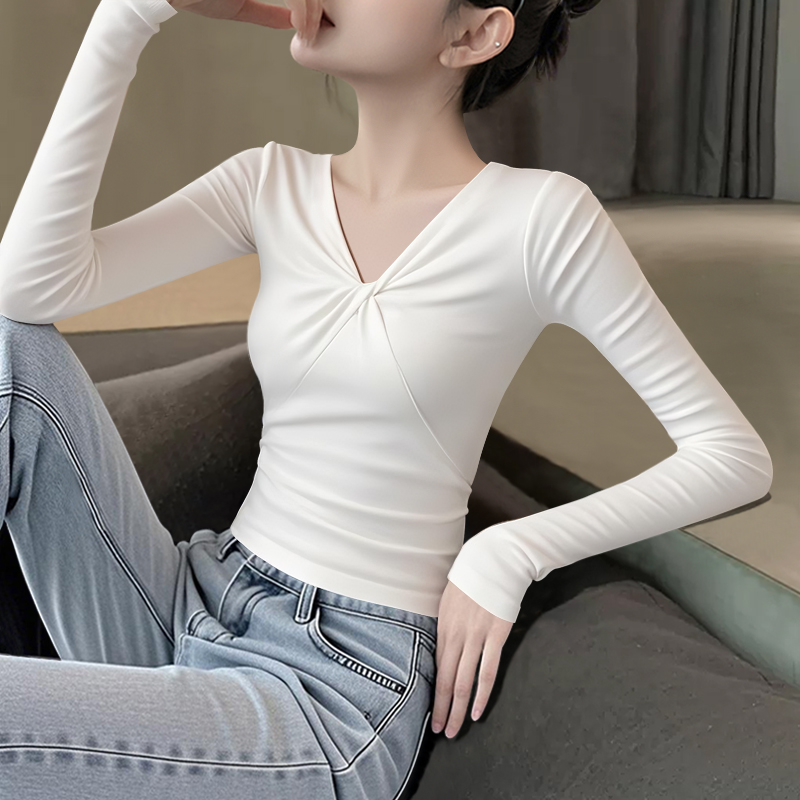 V领扭结长袖T恤女设计感上衣
