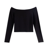 Синяя приятная телу осенняя короткая футболка, лонгслив, открытые плечи, в обтяжку