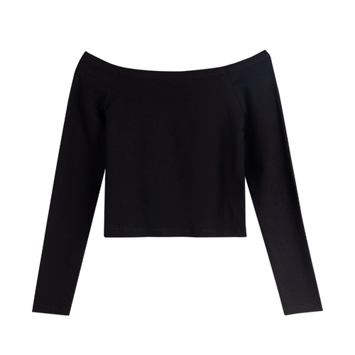 Синяя приятная телу осенняя короткая футболка, лонгслив, открытые плечи, в обтяжку