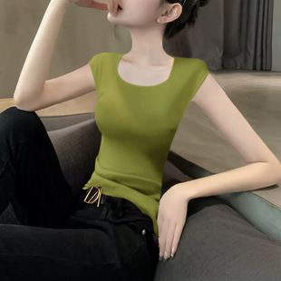 洋气针织洋气上衣潮 2024新款 夏季 抹茶绿色低领修身 显瘦背心女无袖