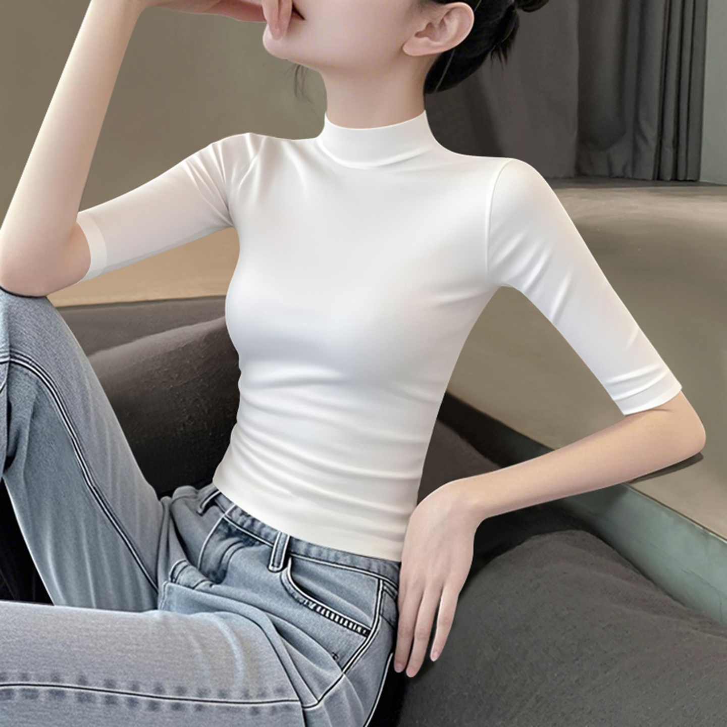 woonam半高领修身中袖女