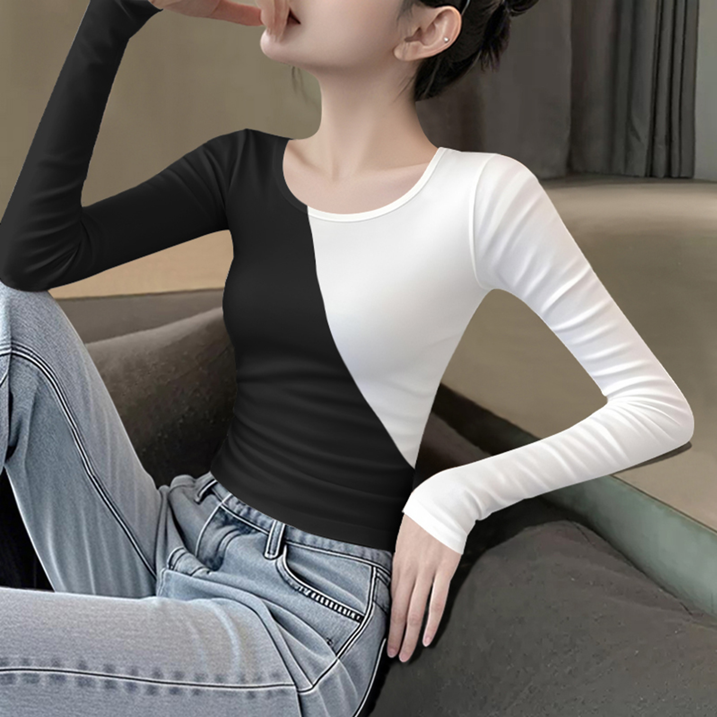 撞色薄款通勤长袖woonam设计感