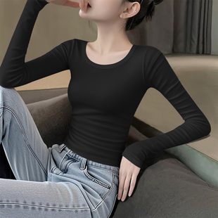 2025新款 显瘦外穿百搭上衣服 黑色圆领长袖 女早秋正肩纯色内搭修身