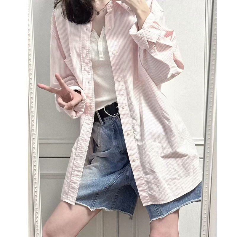 BM粉色条纹设计感甜美长袖衬衫