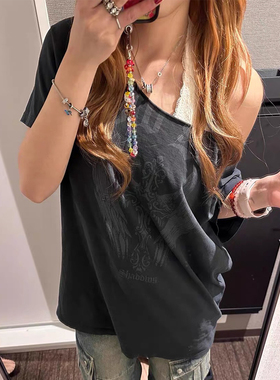 Brandy bm美式复古黑色天使印花纯棉圆领短袖T恤女修身显瘦上衣