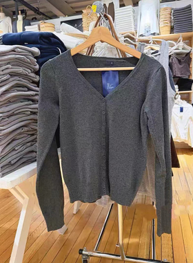 Brandy bm美式V领单排扣针织开衫女长袖百搭显瘦灰色毛衣外套