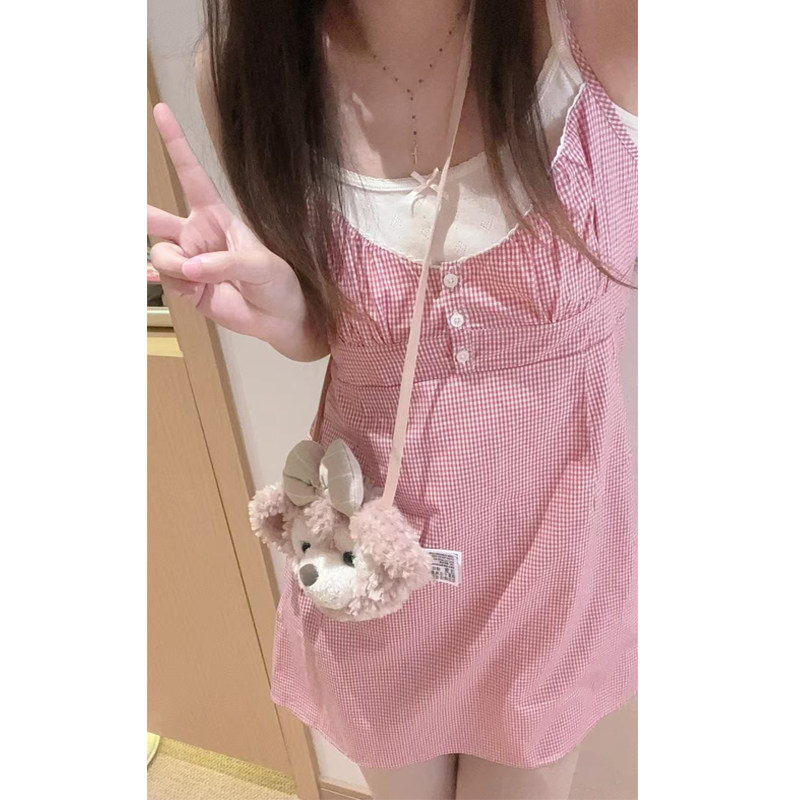 Brandy bm粉色森系叠穿格子甜美少女感收腰吊带连衣裙短款女图片