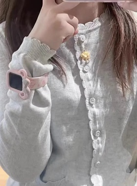 Brandy Girl bm灰色花瓣薄款针织开衫女早秋韩系温柔甜美短款上衣