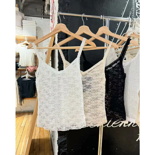 Brandy bm美式V领蝴蝶结蕾丝花边透视吊带背心女显瘦百搭上衣潮