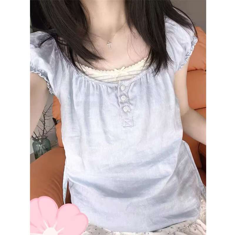 bm纯棉圆领蕾丝拼接泡泡袖短袖