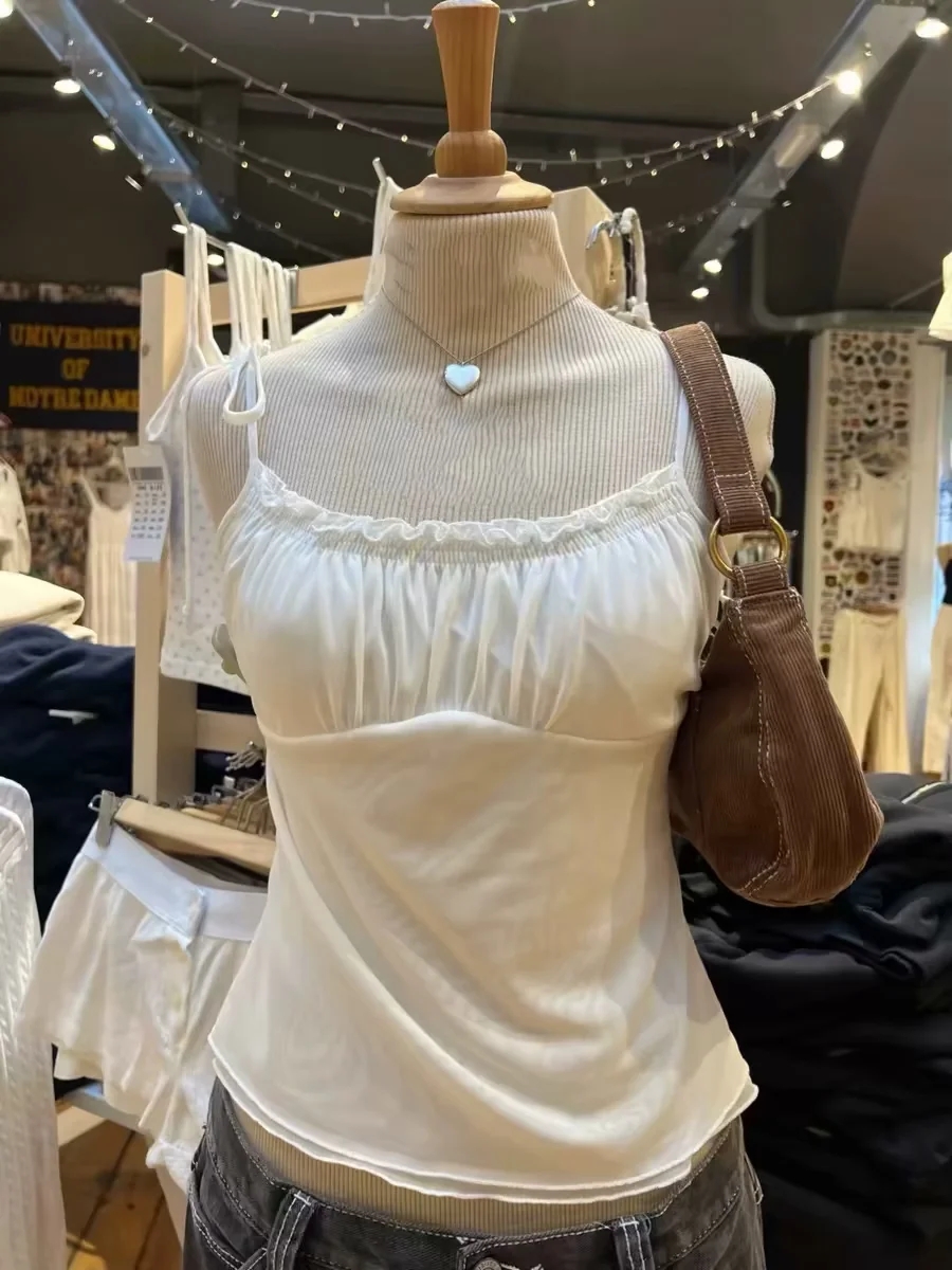 Brandy Girl美式新款bm纯欲风褶皱吊带背心白色系带辣妹百搭上衣