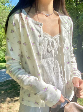 Brandy Girl新款bm美式复古紫色碎花长袖T恤开衫女打底衫内搭