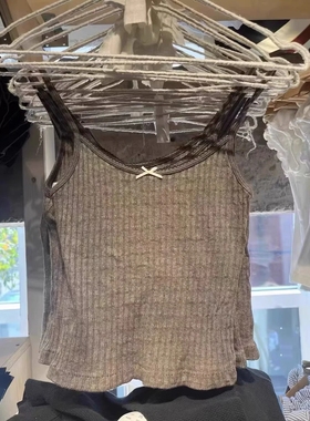 Brandy Girl美式辣妹蕾丝边蝴蝶结露背吊带背心bm露脐短款内搭上