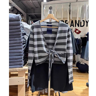 Brandy 女宽松显瘦毛衣外套 bm复古条纹风V领绑带针织开衫