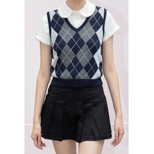 Brandy Girl官网美式复古菱格针织背心撞色学院风v领bm马甲