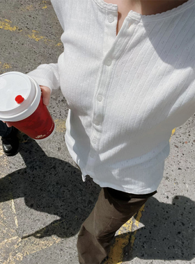 Brandy Girl bm纯棉白色花边领甜美纽扣长袖T恤纯欲上衣