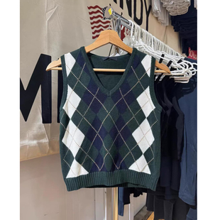 Brandy bm学院风复古菱格V领针织背心女修身无袖毛衣马甲外穿