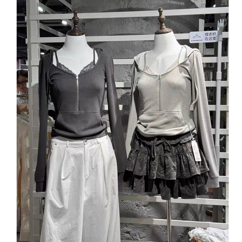 Brandy bm通勤风假两件蕾丝连帽拉链针织衫女修身显瘦打底衫上衣,女装/女士精品,毛针织衫,淘宝优惠券,粉丝福利购,淘宝优惠卷