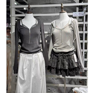 Brandy bm通勤风假两件蕾丝连帽拉链针织衫女修身显瘦打底衫上衣