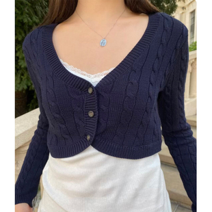 显瘦长袖 Brandy 纽扣修身 女短款 毛衣 bm复古编织风V领麻花针织开衫