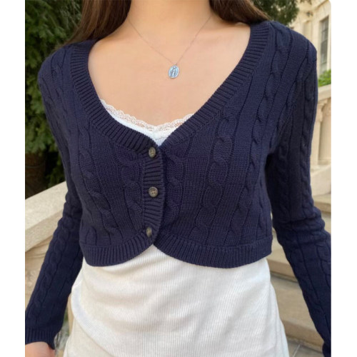 bm复古V领麻花短款修身针织开衫