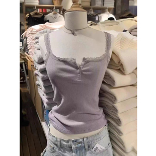 Brandy bm紫色蕾丝纽扣吊带背心女修身显瘦百搭内搭外穿上衣