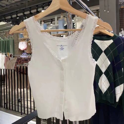 Brandy Girl新款bm背心蕾丝拼接吊带单排扣螺纹纯棉开衫女夏