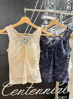 Brandy bm美式甜美网纱系带木耳边背心吊带女内搭蕾丝上衣