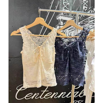 Brandy bm美式甜美网纱系带木耳边背心吊带女内搭蕾丝上衣