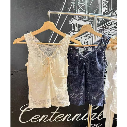 Brandy bm美式甜美网纱系带木耳边背心吊带女内搭蕾丝上衣