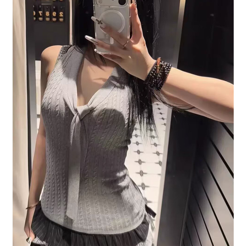 Brandy bm辣妹风蝴蝶结挂脖针织露背背心女修身显瘦无袖上衣