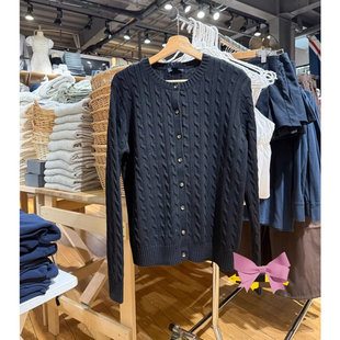 Brandy Girl新款bm纯棉麻花圆领长袖针织开衫女秋季修身显瘦上衣