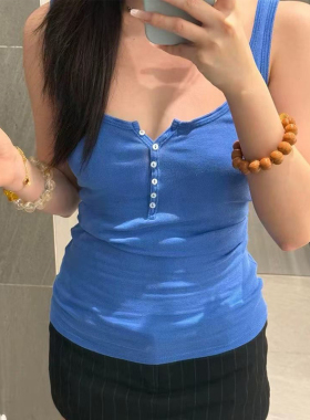 Brandy bm美式辣妹风蓝色吊带纽扣背心女修身显瘦外穿上衣