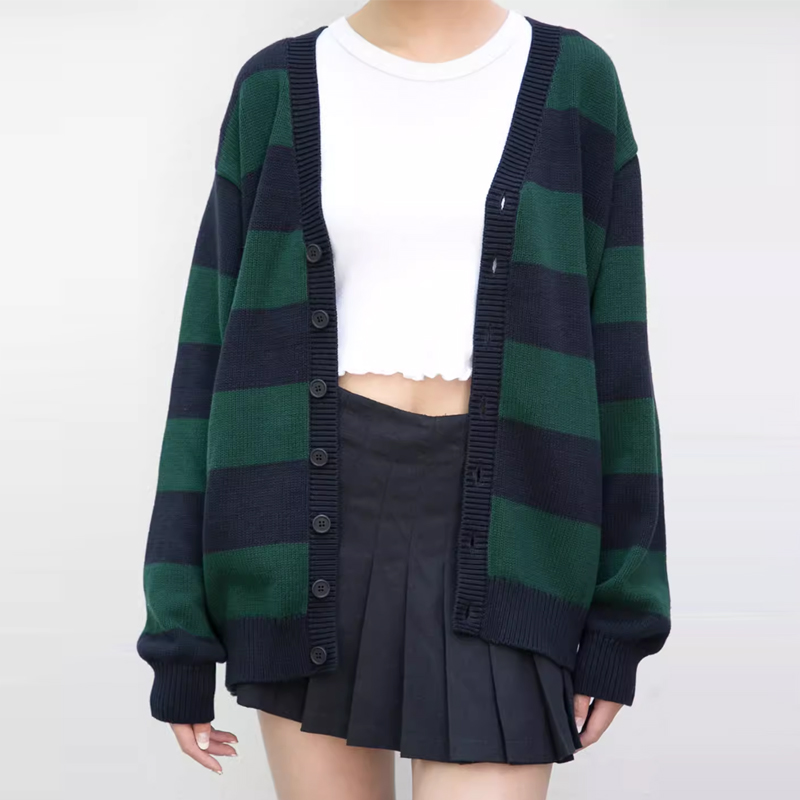 Brandy Girl官网新款bm针织开衫墨绿厚实宽松长袖外套ins女