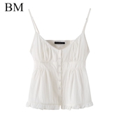 Brandy Girl美式 复古bm吊带碎花纽扣花边V领女背心荷花边内搭上衣