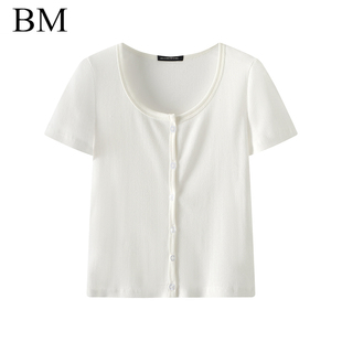 罗纹单排扣纯棉短袖 修身 bm圆领露脐性感风t恤女 Girl新款 Brandy