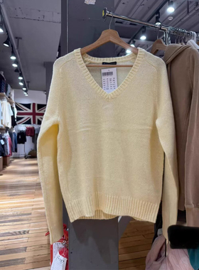 Brandy bm学院风奶黄色V领针织衫女长袖套头慵懒百搭毛衣