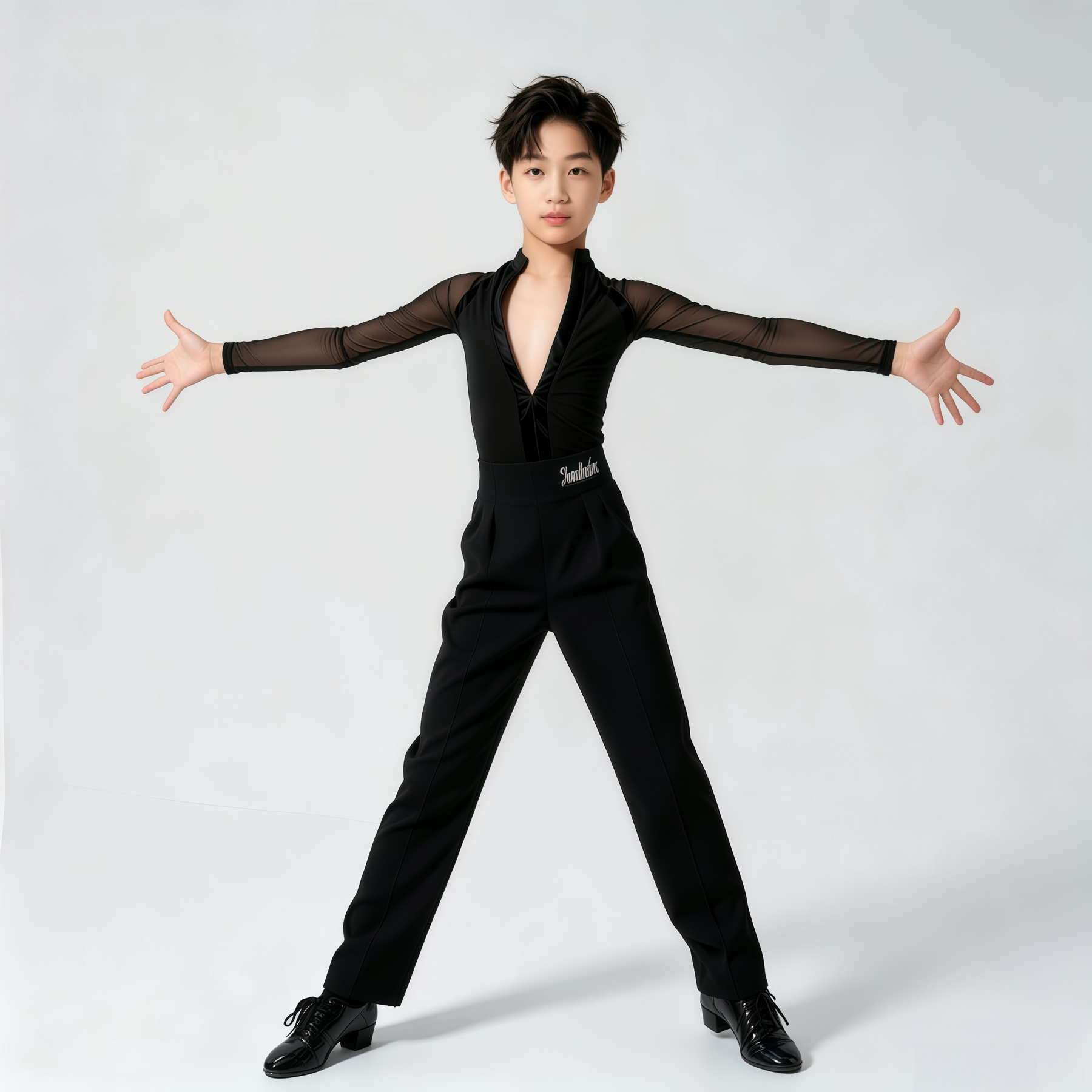 雅色墨画男童拉丁舞服秋季长袖V领网纱连体上衣演出服表演练功服