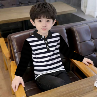 纯棉童装男童春秋长袖翻领t恤中大童条纹薄款儿童打底衫单件上衣